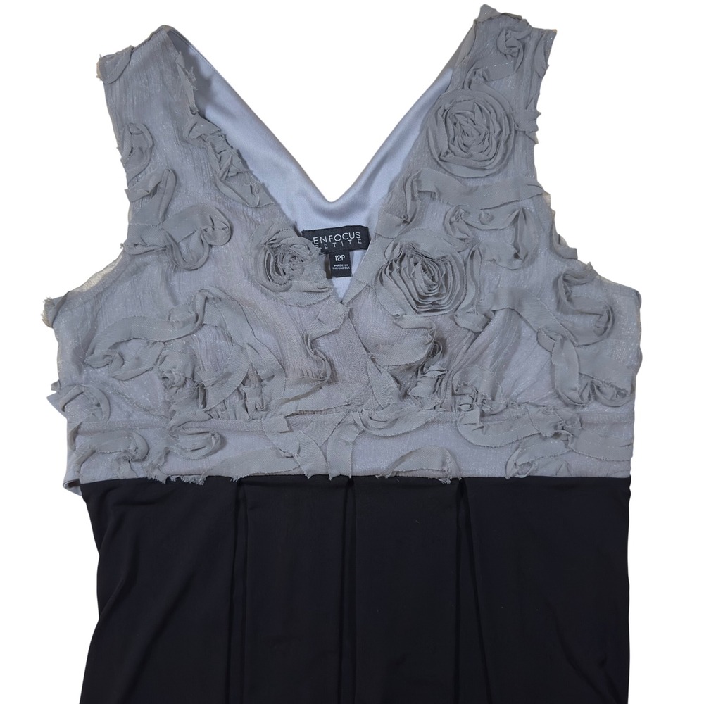 Enfocus Dress Petite Black Gray Rosette‎ Sleeveless Cocktail Party Back Tie  12P
